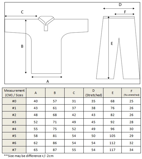 Size chart measurement for Silat uniform