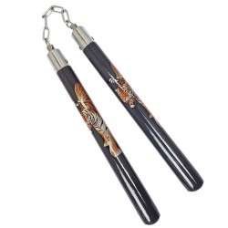 TW4009F Wooden Nunchaku with Ball Bearing | 12" Tiger Design Martial Arts Weapon