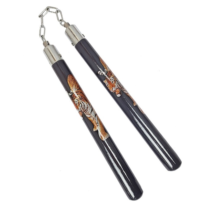TW4009F Wooden Nunchaku with Ball Bearing | 12" Tiger Design Martial Arts Weapon TW4009F Wooden Nunchaku with Ball Bearing | 12" Tiger Design Martial Arts Weapon