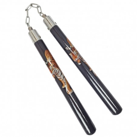 TW4009F Wooden Nunchaku with Ball Bearing | 12" Tiger Design Martial Arts Weapon